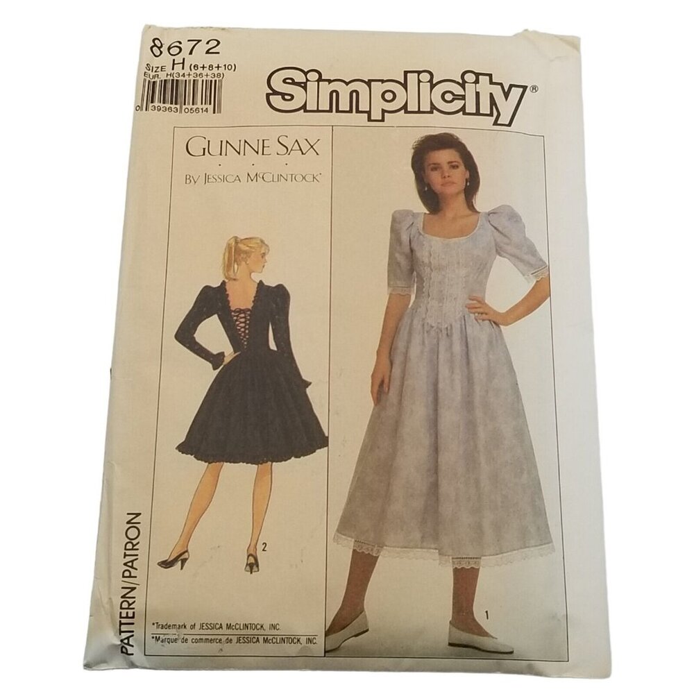 Vtg UNCUT Simplicity Pattern 8672 Jessica McClintock GUNNE SAX Dress 1988 6-8-10